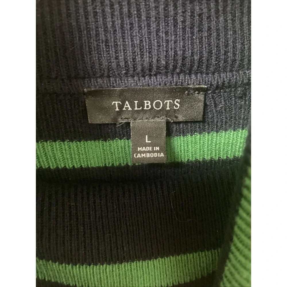 Talbots Women's Size L Green Navy Blue Striped Ribbed Turtleneck Sweater‎ Cute!